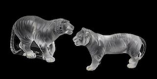 Two Lalique Molded and Frosted Glass Figures, Width of wider 9 1/2 inches.