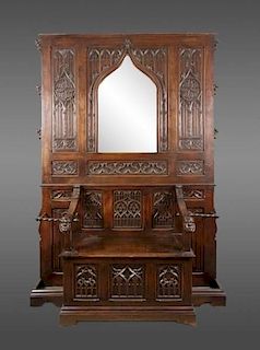 French Gothic Revival Oak Settle or Hall Tree