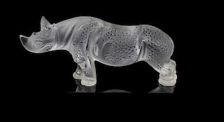 A Lalique Molded and Frosted Glass Figure, Width of glass 10 1/2 inches.