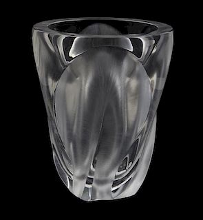 A Lalique Molded and Frosted Glass Vase, Height 10 1/2 inches.