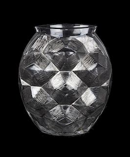 A Lalique Molded and Frosted Glass Vase, Height 11 inches.