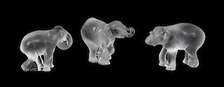 Three Lalique Molded and Frosted Glass Figures, Width of widest 4 1/2 inches.