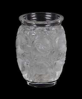 A Lalique Molded and Frosted Glass Vase, Height 7 1/4 inches.