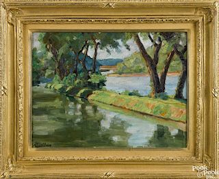 Richard Evett Bishop (American 1887-1975), oil on board, titled Canal Near New Hope, signed lowe