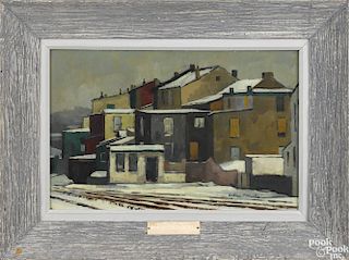 Antonio Pietro Martino (American 1902-1988), acrylic on board, titled Along the Railroad Tracks,