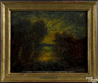 Ralph Albert Blakelock (American 1847-1919), oil on panel landscape, signed lower right, 9'' x 11''.
