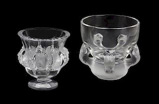 Two Lalique Molded and Frosted Glass Vases, Height of taller 5 3/4 inches.