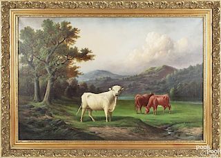 Edward A. Howell (American 1848-1924), oil on canvas landscape with cows, signed lower left and da