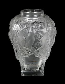 A Lalique Molded and Frosted Glass Vase, Height 11 inches.
