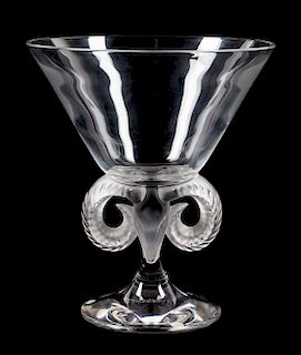 A Lalique Molded and Frosted Glass Compote, Height 8 3/4 inches.