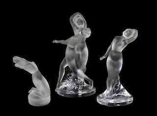 Three Lalique Molded and Frosted Glass Figures, Height of tallest 10 3/8 inches.