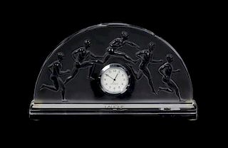 A Lalique Molded and Frosted Glass Desk Clock, Width 7 inches.