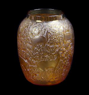 A Lalique Molded and Frosted Glass Vase, Height 6 3/4 inches.
