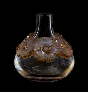 A Lalique Molded and Frosted Glass Vase, Height 7 1/8 inches.