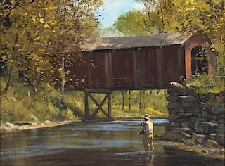 Brett James Smith (b. 1958) Fly Fishing by a Covered Bridge