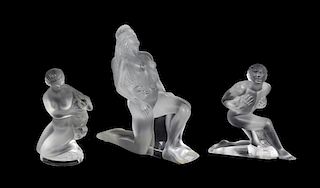 Three Lalique Molded and Frosted Glass Figures, Width of first 6 inches.