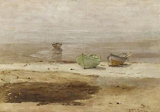 Charles Edwin Lewis Green (1844-1915) Dories and Fishing Nets at Low Tide