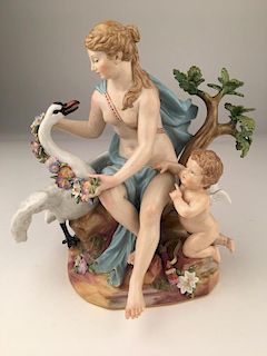 18 th Century Meissen figurine of a lady and a Putti sitting near a tree