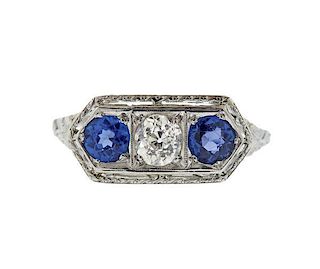 Art Deco Filigree Platinum Diamond Sapphire Ring