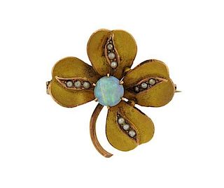 Antique 14k Gold Opal Seed Pearl Brooch Pin
