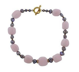 14k Gold Pearl Pink Gemstone Toggle Necklace