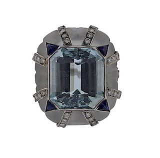 Platinum Aquamarine Crystal Diamond Sapphire Ring