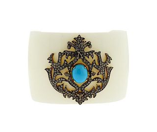 14k Gold White Stone Diamond Turquoise Cuff Bracelet
