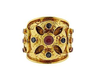 Lalaounis Greece 18k Gold Ruby Sapphire Dome Ring