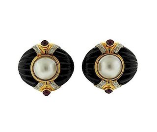 14k Gold Carved Onyx Diamond Ruby Pearl Earrings