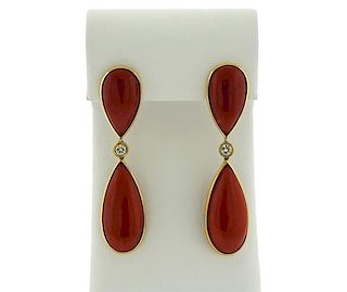 18K Gold Diamond Red Stone Tear Drop Earrings