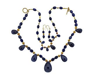 20K Gold Sapphire Toggle Necklace Earrings Set