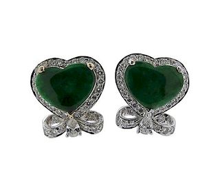 18k Gold Diamond Jade Heart Earrings