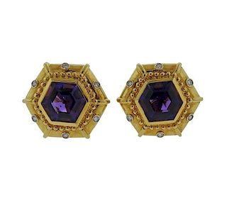 18k Gold Diamond Purple Stone Earrings