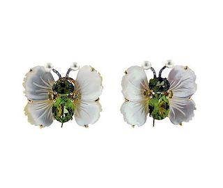 18k Gold Diamond Green Stone MOP Butterfly Earrings