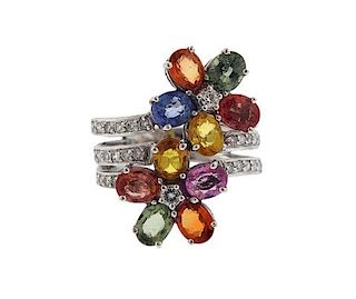 18k Gold Diamond Multi Gemstone Flower Ring