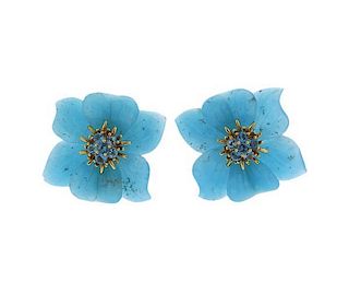 18K Gold Blue Stone Flower Earrings