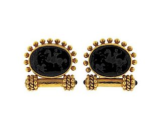Elizabeth Locke 18K Gold Black Stone Intaglio Earrings