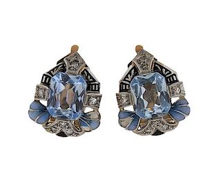 Art Deco 18k Gold Platinum Diamond Aquamarine Enamel Earrings