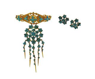 18k Gold Blue Stone Earrings Brooch Pin