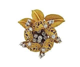French 18k Gold Rose Flower Diamond Brooch