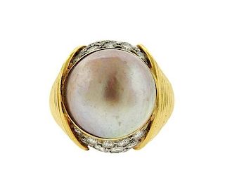David Webb 18k Gold Diamond Pearl Ring