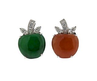 18K Gold Diamond Green Orange Jade Apple Earrings
