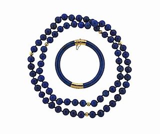 14K Gold Lapis Necklace Bangle Bracelet Set