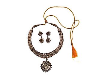 18K Gold Diamond Enamel Cord Necklace Earrings Set
