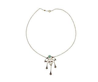 Antique 14K Gold Lavalier Pearl Blue Stone Necklace