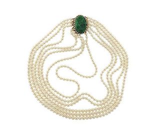 14K Gold Green Stone Pearl 6 Strand Necklace