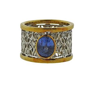 18K Gold Diamond Blue Stone Band Ring