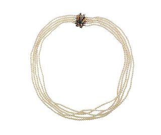 14K Gold Diamond Multi Color Stone Pearl Necklace