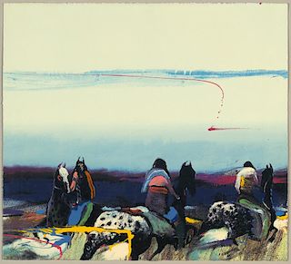 Untitled (Three Indians on Horses with Blue Sky), 15/175 by Earl Biss (1947-1998)