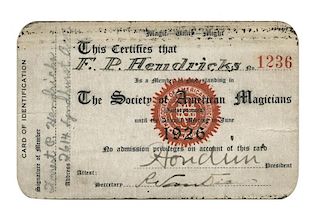 S.A.M. Membership Card Signed by Houdini, as President.